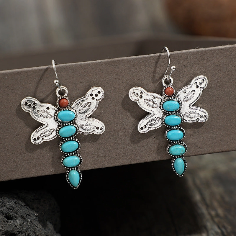 Wholesale Bohemian Vintage Natural Turquoise Dragonfly Alloy Earrings