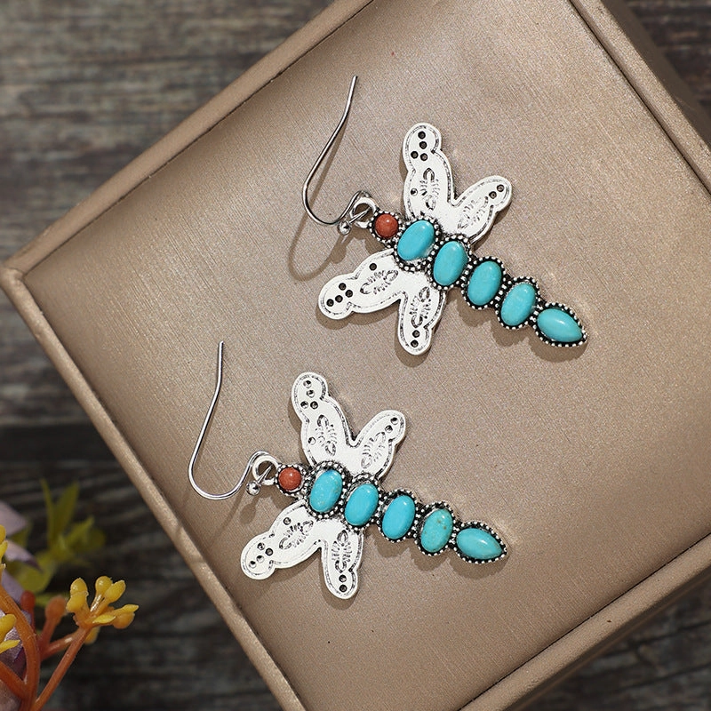 Wholesale Bohemian Vintage Natural Turquoise Dragonfly Alloy Earrings