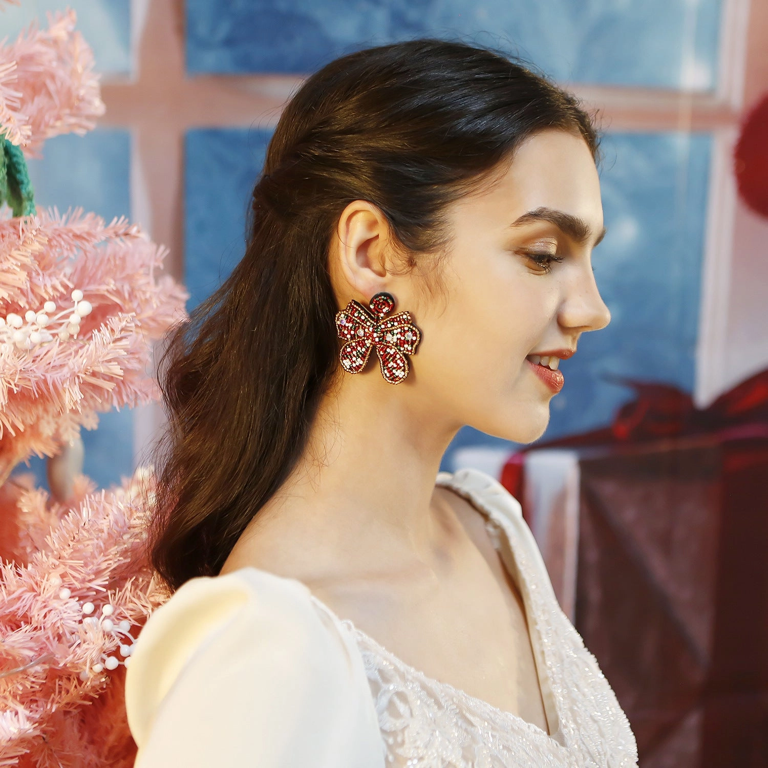 Wholesale Boho Bow Earrings Christmas Hand Woven Rice Beads Earrings