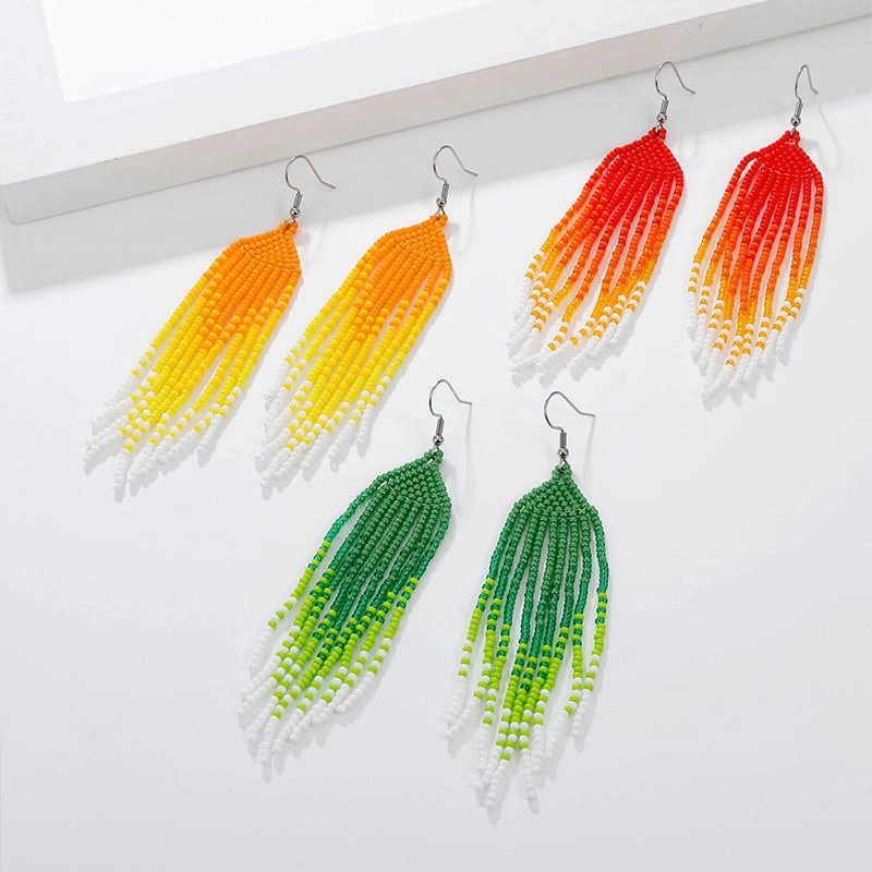 Wholesale Boho Braided Long Tassel Rice Bead Earrings OLY-ES-LC005