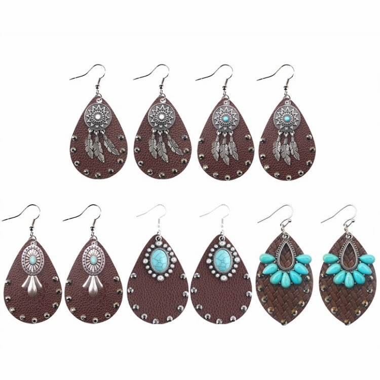 Wholesale Boho Feather Leather Drop Earrings