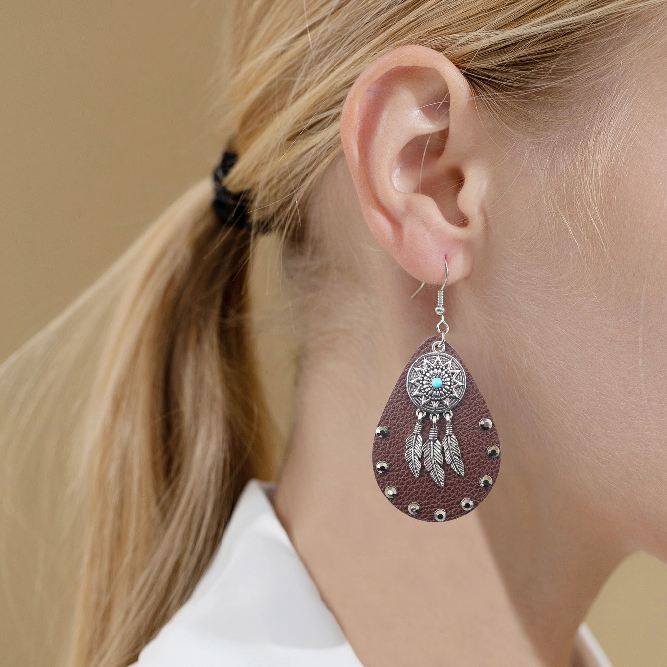 Wholesale Boho Feather Leather Drop Earrings