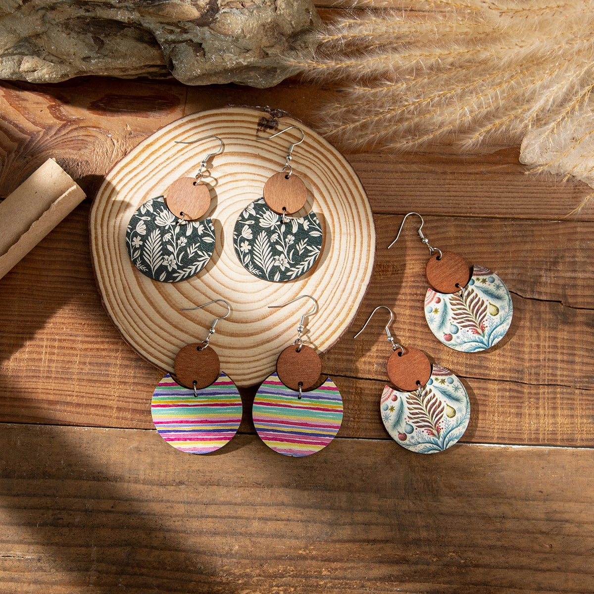 Wholesale Boho Lightweight Wooden Round Earrings