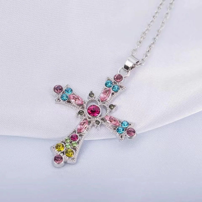 Wholesale Boho Style Crystal Diamond Colorful Cross Collarbone Necklace