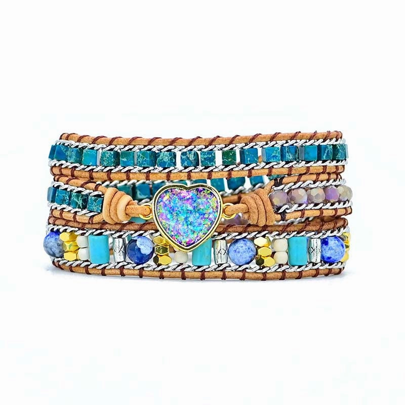 Wholesale Boho Style Love Color Blue Opal Cowhide Braided Bracelet