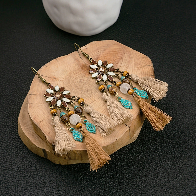 Wholesale Boho Tassel Flowers Alloy Earrings