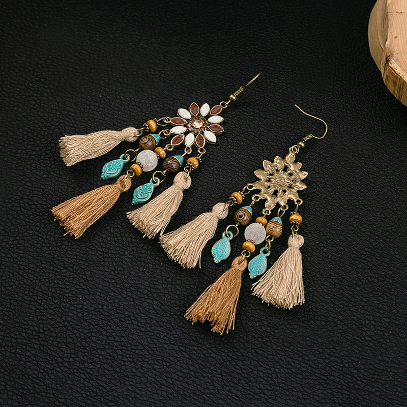 Wholesale Boho Tassel Flowers Alloy Earrings