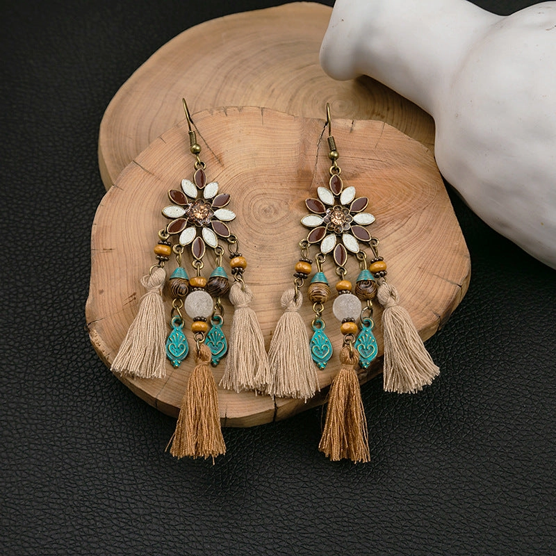 Wholesale Boho Tassel Flowers Alloy Earrings