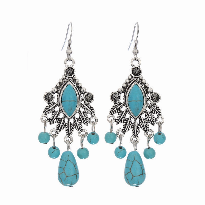 Wholesale Boho Vintage Carved Turquoise Drop Tassel Earrings