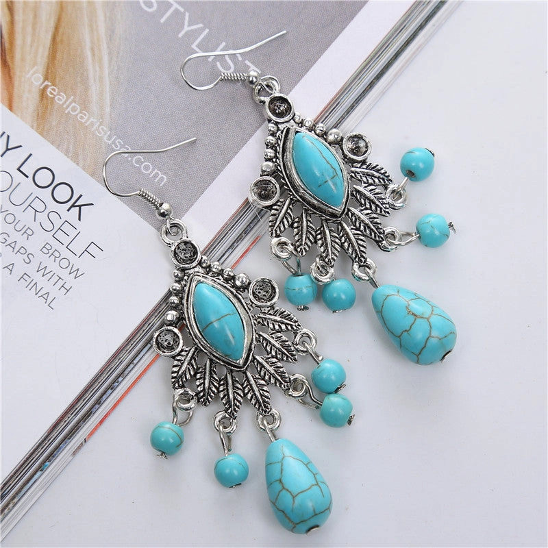 Wholesale Boho Vintage Carved Turquoise Drop Tassel Earrings
