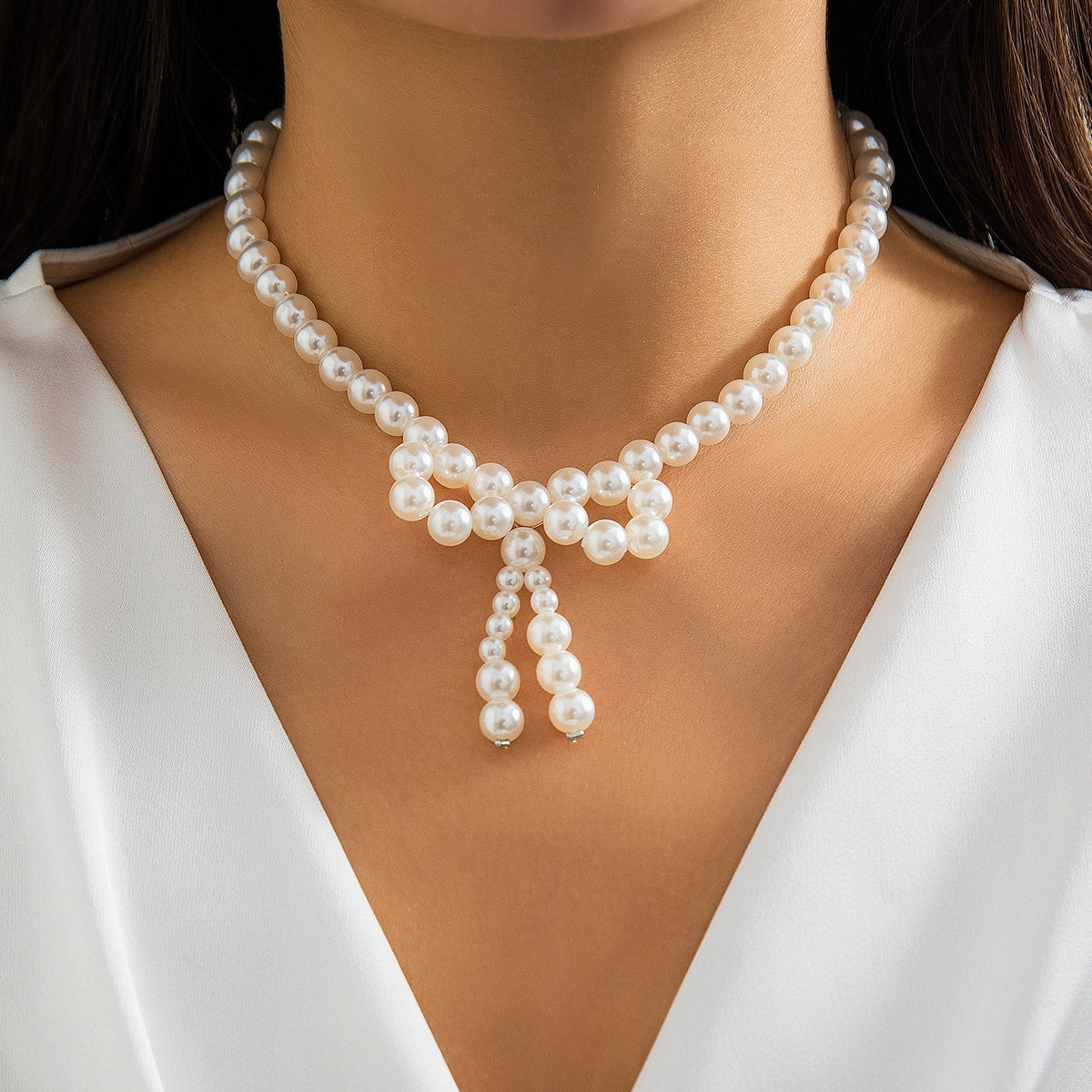 Wholesale bow choker versatile neck chain beads imitation pearl necklace