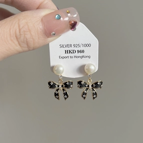 Wholesale Bow Freshwater Pearl Zircon Gold Plated Stud Earrings