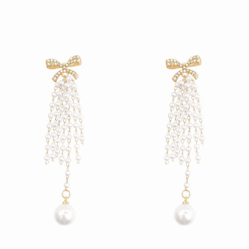 Wholesale Bow Knot Pearl Tassel Alloy Earrings