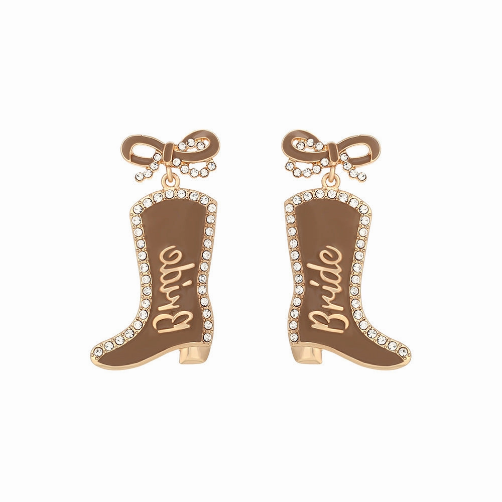 Wholesale Bow Oil Dripping Diamond Western Style BRIDE Cowboy Boot Earrings