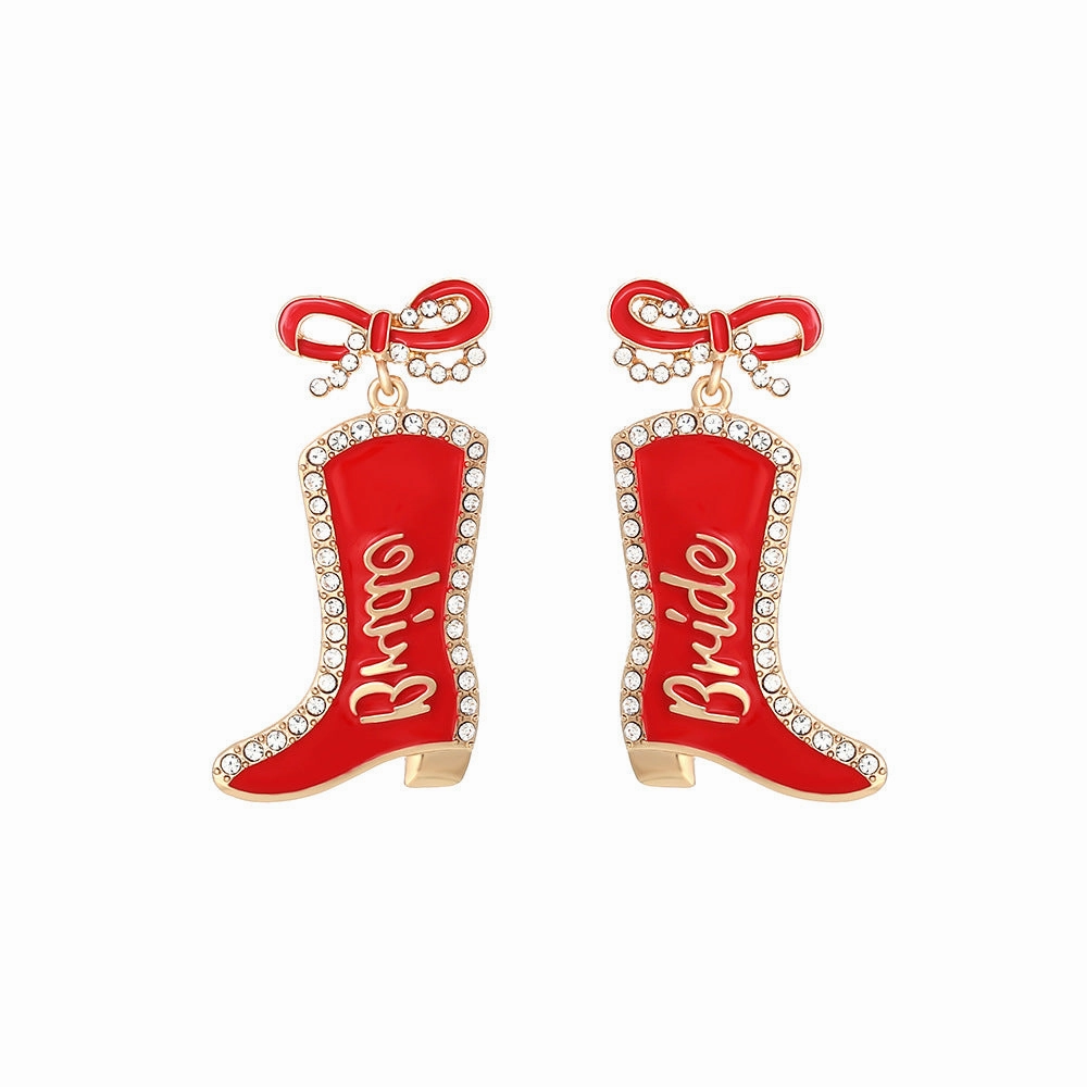 Wholesale Bow Oil Dripping Diamond Western Style BRIDE Cowboy Boot Earrings