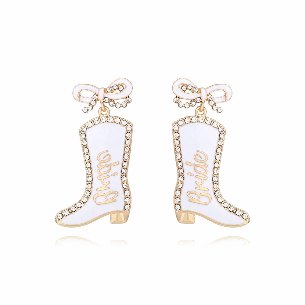 Wholesale Bow Oil Dripping Diamond Western Style BRIDE Cowboy Boot Earrings