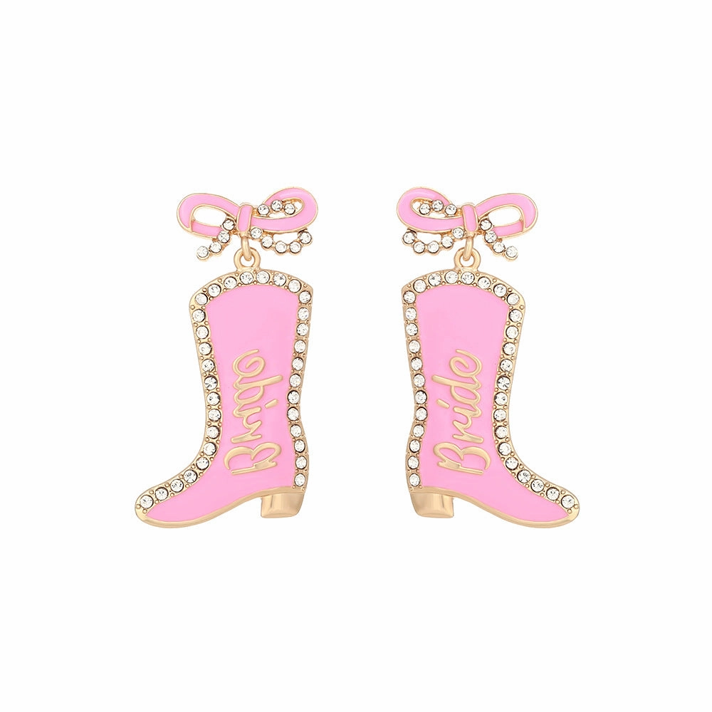 Wholesale Bow Oil Dripping Diamond Western Style BRIDE Cowboy Boot Earrings