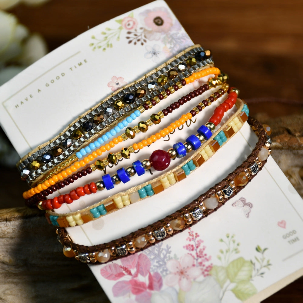 Wholesale Braided Leather Rope Retractable Rice Beads Bracelet