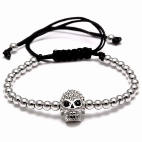 Wholesale Braided Zircon 4mm Copper Beads Skull Men's Adjustable Bracelet