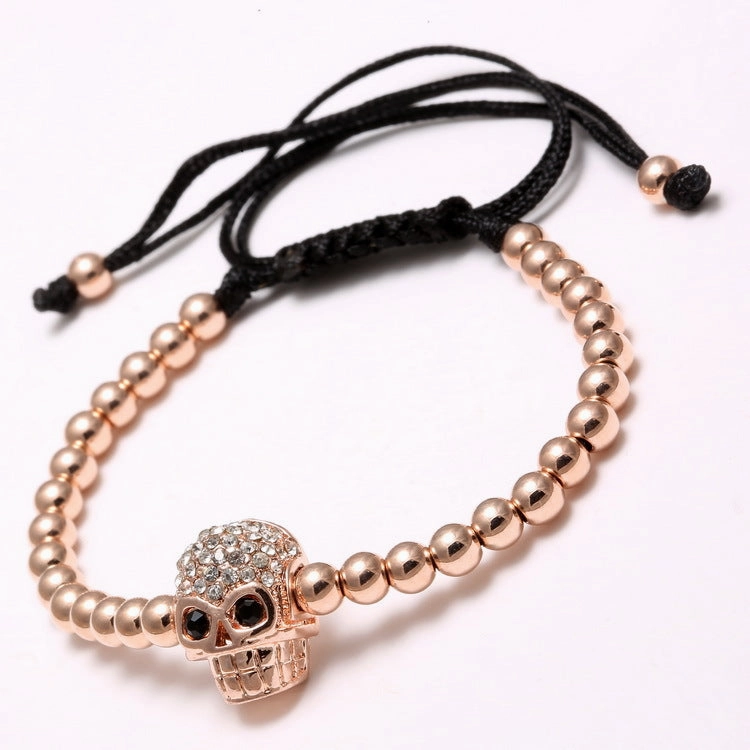 Wholesale Braided Zircon 4mm Copper Beads Skull Men's Adjustable Bracelet