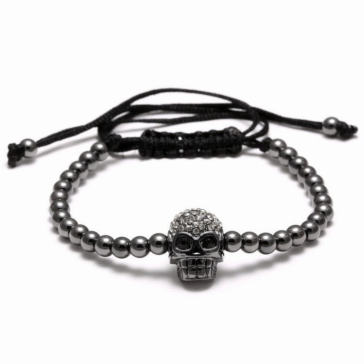 Wholesale Braided Zircon 4mm Copper Beads Skull Men's Adjustable Bracelet