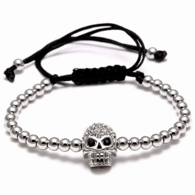 Wholesale Braided Zircon 4mm Copper Beads Skull Men's Adjustable Bracelet