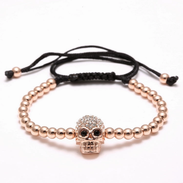 Wholesale Braided Zircon 4mm Copper Beads Skull Men's Adjustable Bracelet