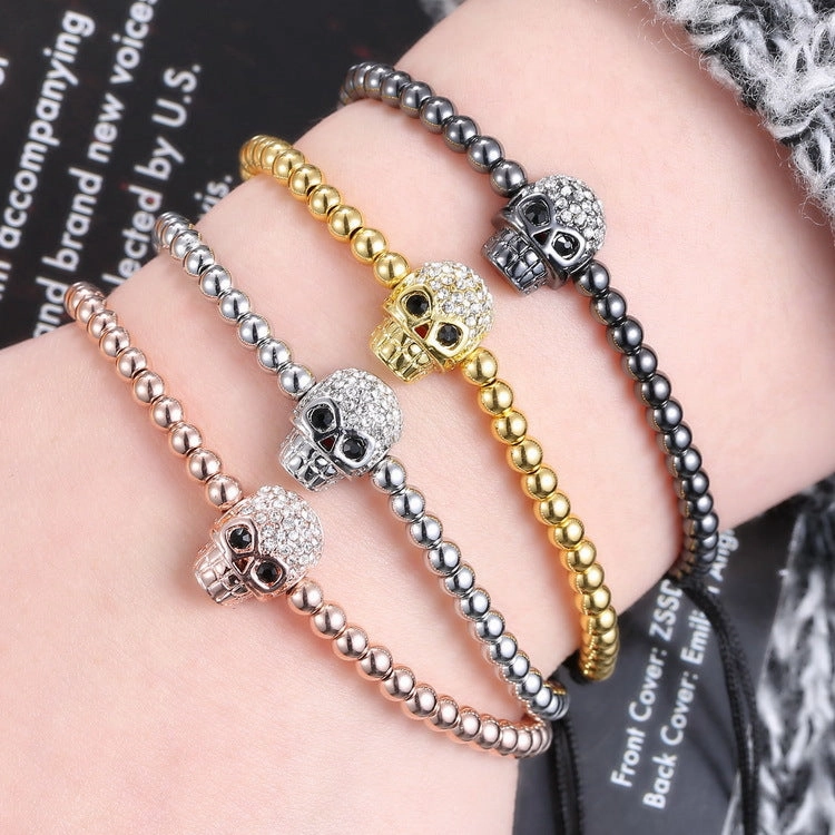 Wholesale Braided Zircon 4mm Copper Beads Skull Men's Adjustable Bracelet