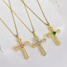 Wholesale Brass Gold Plated Cross Pendant Zircon Cast Titanium Steel Chain Necklaces