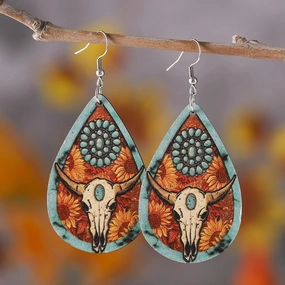 Wholesale Bull head print teardrop earrings