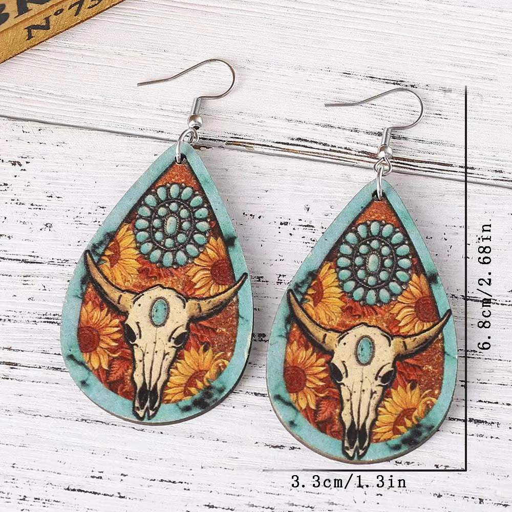 Wholesale Bull head print teardrop earrings
