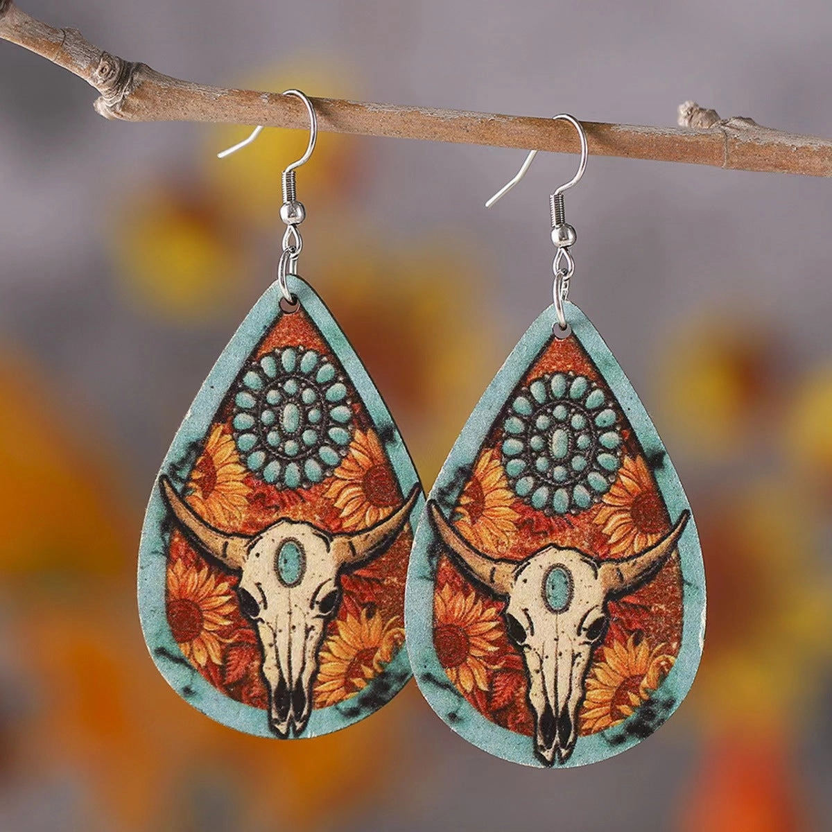 Wholesale Bull head print teardrop earrings