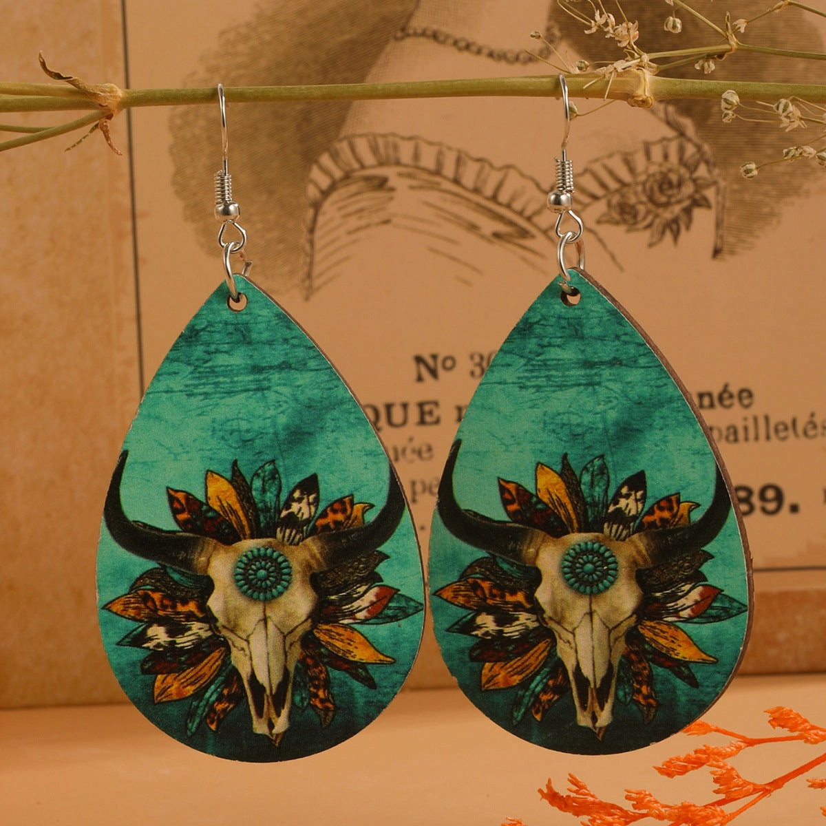 Wholesale Bull Head Water Drops Wooden Earrings