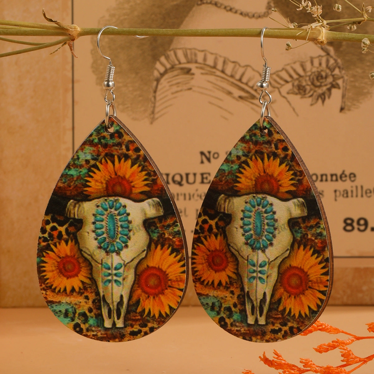 Wholesale Bull Head Water Drops Wooden Earrings