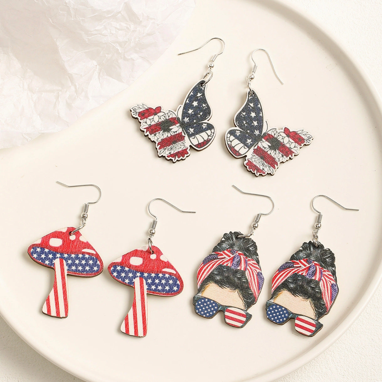 Wholesale Butterfly Mushroom Shape American Flag Print Wooden Earrings