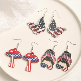 Wholesale Butterfly Mushroom Shape American Flag Print Wooden Earrings