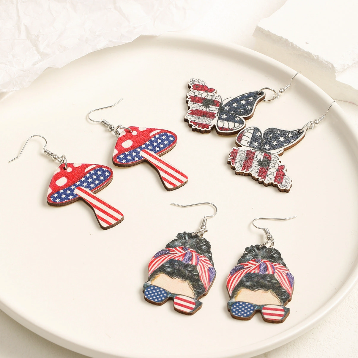 Wholesale Butterfly Mushroom Shape American Flag Print Wooden Earrings