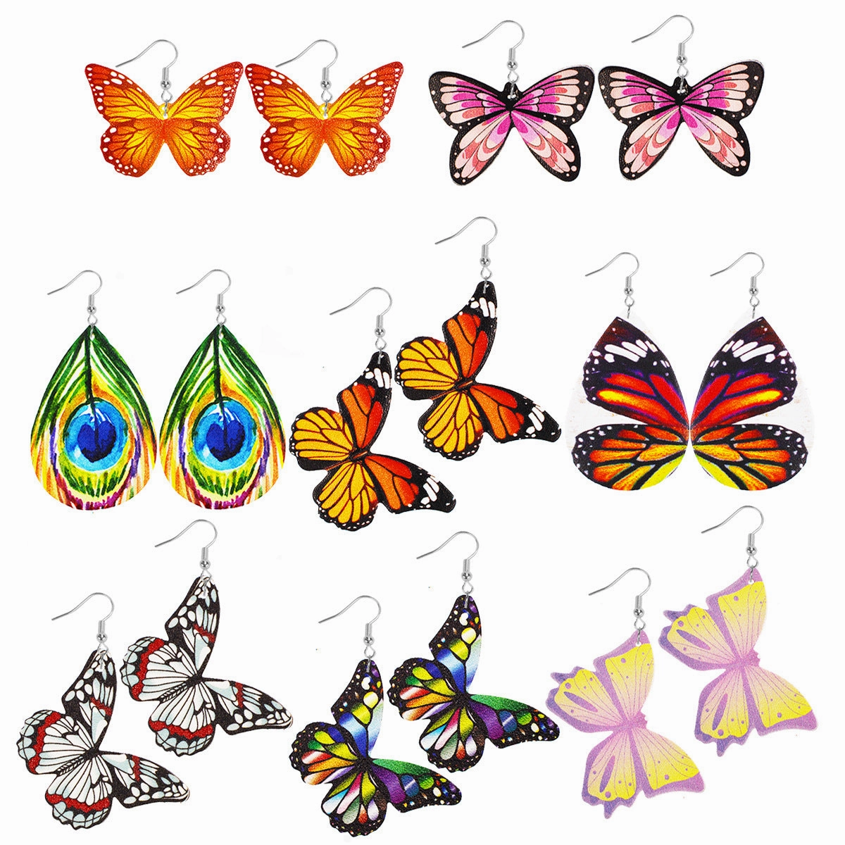 Wholesale Butterfly Wings Simulated Butterfly Double Sided Printed Leather Earrings