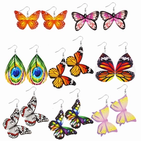 Wholesale Butterfly Wings Simulated Butterfly Double Sided Printed Leather Earrings