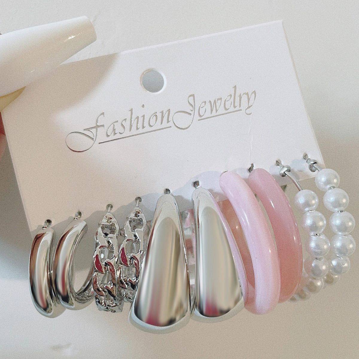 Wholesale C Shape Geometric Chain Pearl Alloy Earrings Set of 5