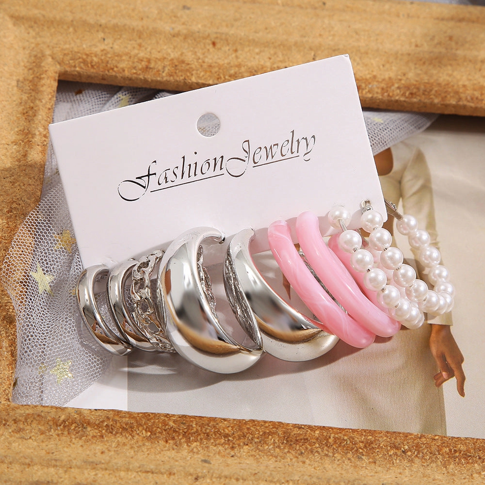 Wholesale C Shape Geometric Chain Pearl Alloy Earrings Set of 5