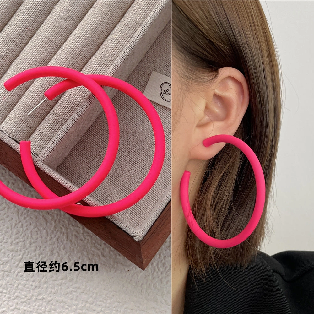 Wholesale Candy Colored Geometric Square Circles C-shaped Rose Red Alloy Earring