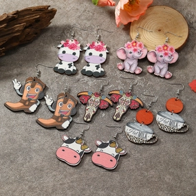 Wholesale Carnival Cow Teacup Pink Baby Elephant Wooden Earrings