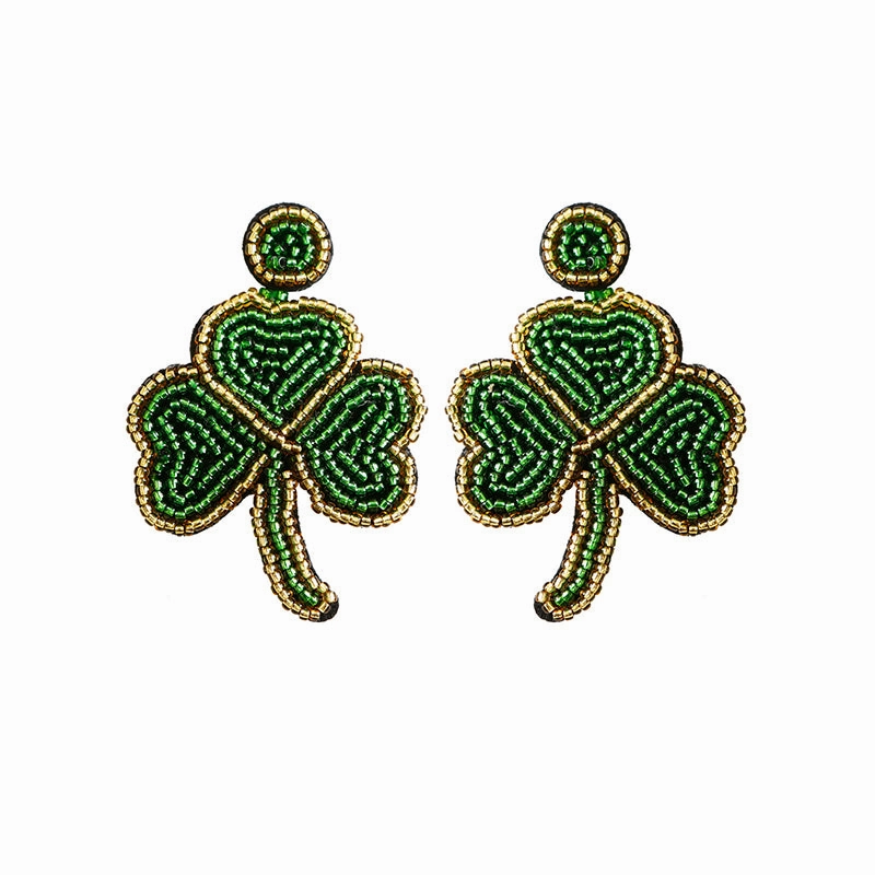 Wholesale Carnival Festival St. Patrick's Day Boho Green Leaf Rice Bead Tassel Earrings OLY-ES-JM001