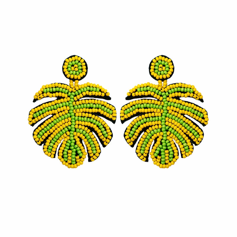 Wholesale Carnival Festival St. Patrick's Day Boho Green Leaf Rice Bead Tassel Earrings OLY-ES-JM001