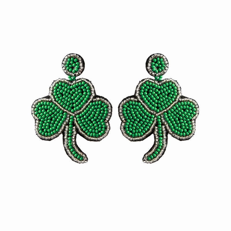 Wholesale Carnival Festival St. Patrick's Day Boho Green Leaf Rice Bead Tassel Earrings OLY-ES-JM001