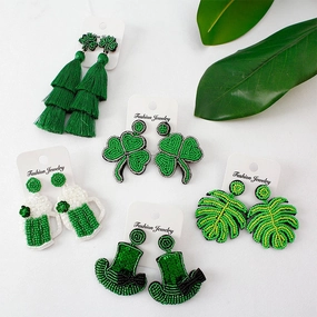 Wholesale Carnival Festival St. Patrick's Day Boho Green Leaf Rice Bead Tassel Earrings OLY-ES-JM001