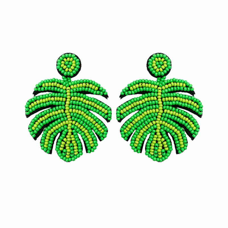 Wholesale Carnival Festival St. Patrick's Day Boho Green Leaf Rice Bead Tassel Earrings OLY-ES-JM001