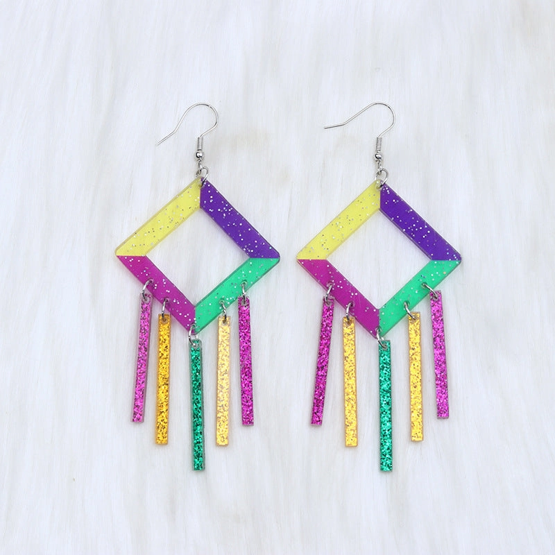 Wholesale Carnival Hollow Diamond Shaped Acrylic  Mardi Gras Earrings