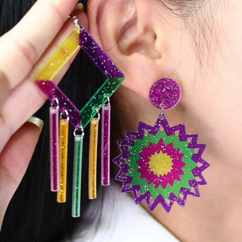 Wholesale Carnival Hollow Diamond Shaped Acrylic  Mardi Gras Earrings